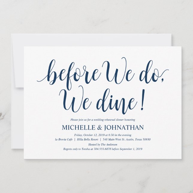 Invitation Dîner de répétition Mariage rustique, bleu marine (Devant)