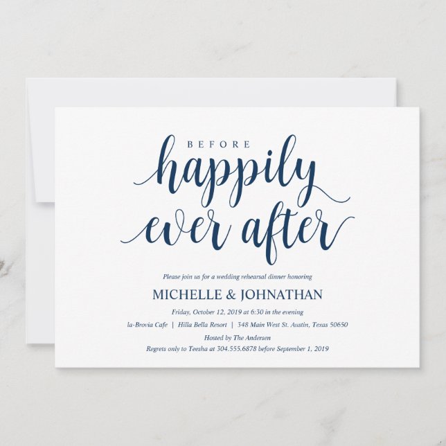 Invitation Dîner de répétition Mariage rustique, bleu marine (Devant)