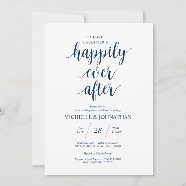 Invitation Dîner de répétition Mariage rustique, bleu marine (Devant)