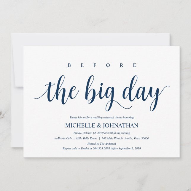 Invitation Dîner de répétition Mariage rustique, bleu marine (Devant)