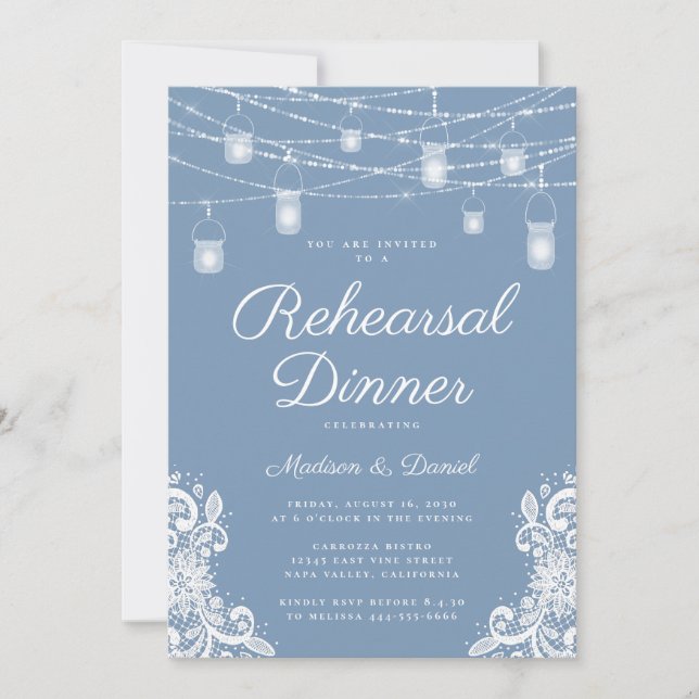 Invitation Dîner de répétition Mariage rustique Dusty Blue Li (Devant)