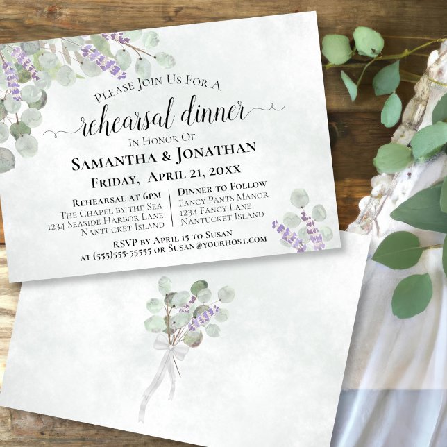 Invitation Dîner de répétition Mariage Rustique Eucalyptus Fe (Front and Back)