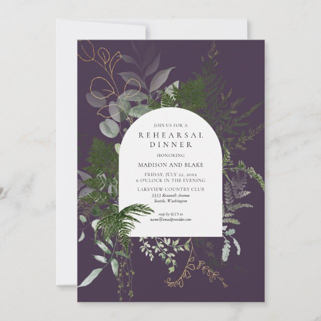 Invitation Dîner de répétition Mariage sauvage vert pourpre (Devant)