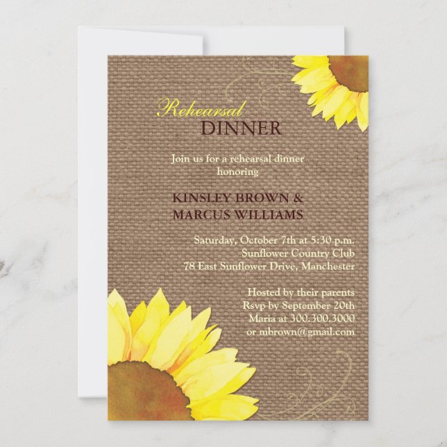Invitation Dîner de répétition Mariage Sunflowers (Devant)