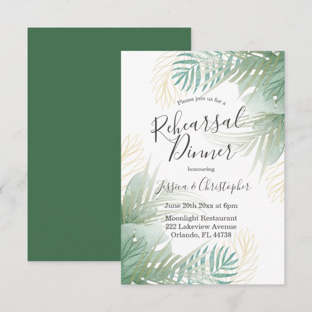 Invitation Dîner de répétition Mariage Tropical Palm Sage Gre (Devant / Derrière)