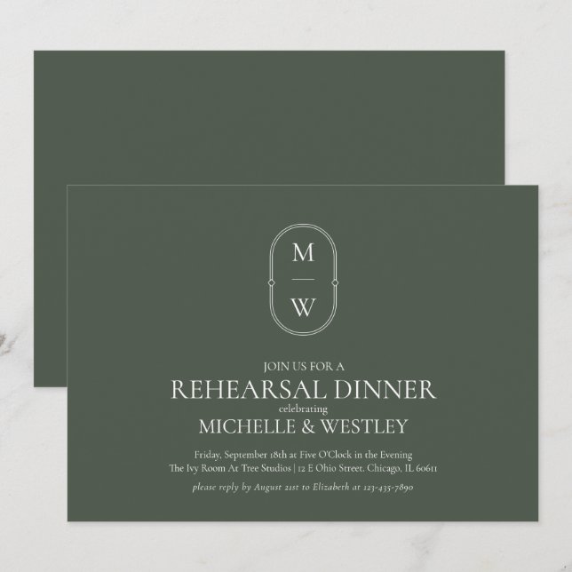 Invitation Dîner de répétition Mariage vert Monogram Moss (Devant / Derrière)