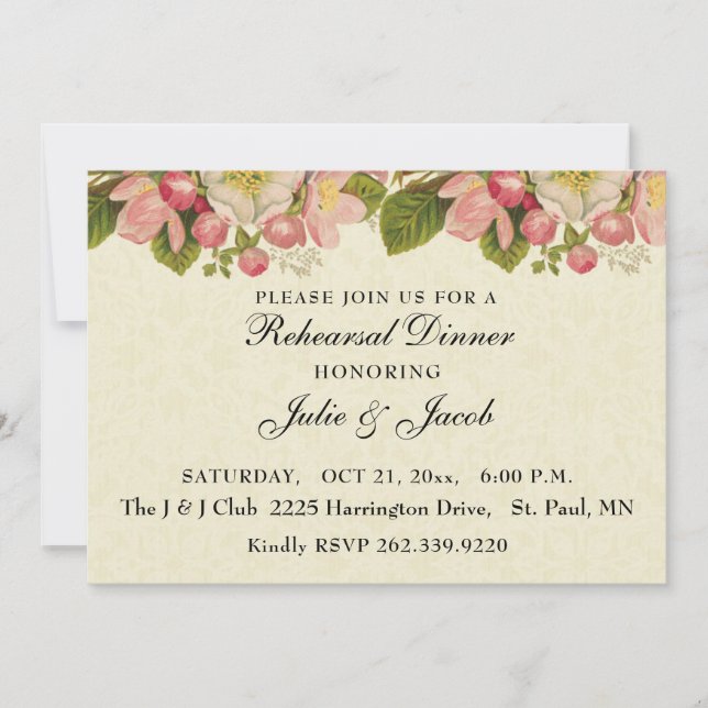 Invitation Dîner de répétition Mariage vintage en fleur de ce (Devant)