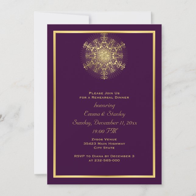Invitation Dîner de répétition mariage violet de flocon d'or (Devant)