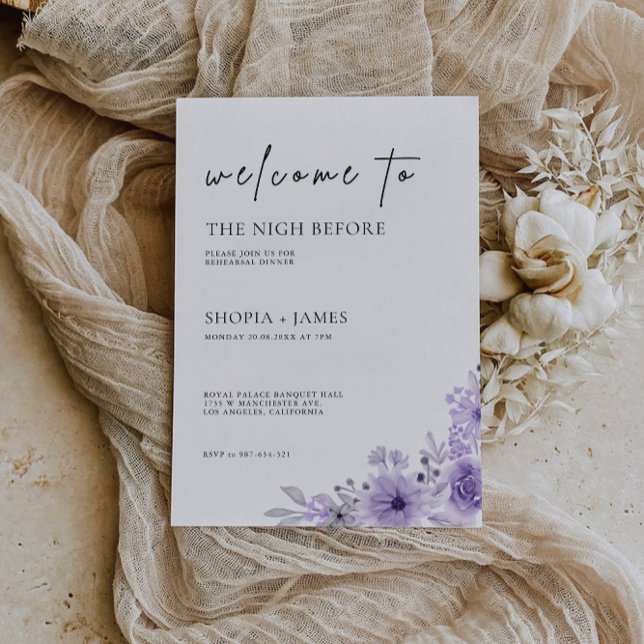 Invitation Dîner de répétition Mariage violet Signal Nuit (Purple Wedding Rehearsal Dinner Sign Night Invitation)
