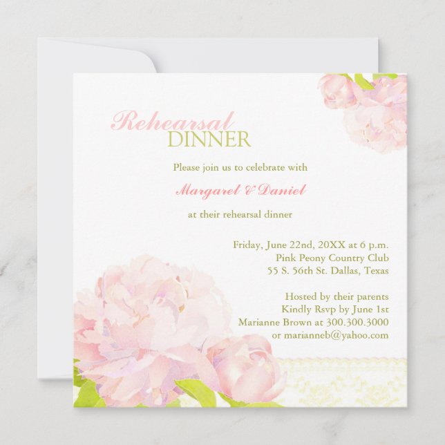 Invitation Dîner de répétition Mariage Watercolor Peony (Devant)