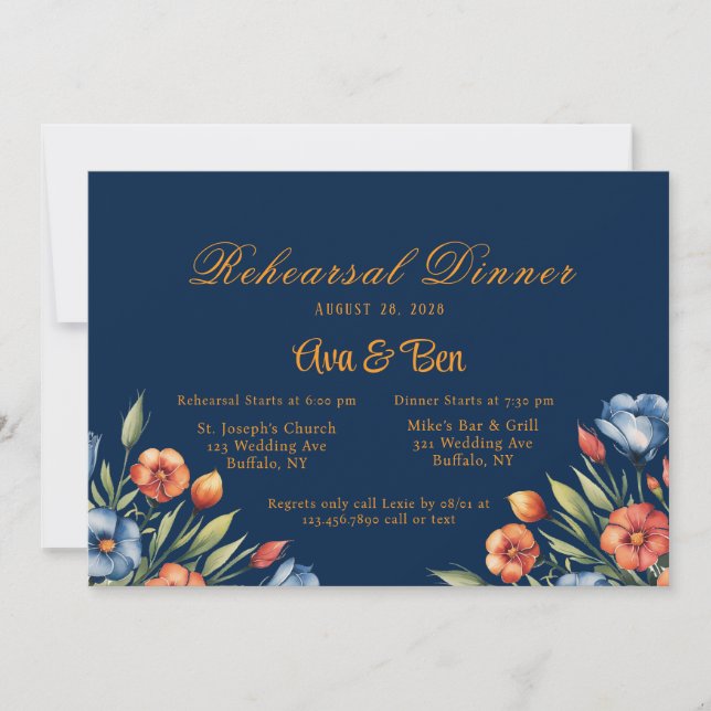 Invitation Dîner de répétition Marine Blue and Orange Peony (Devant)