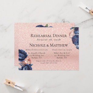 Invitation Dîner de répétition Marine Blue et Rose Gold Flora