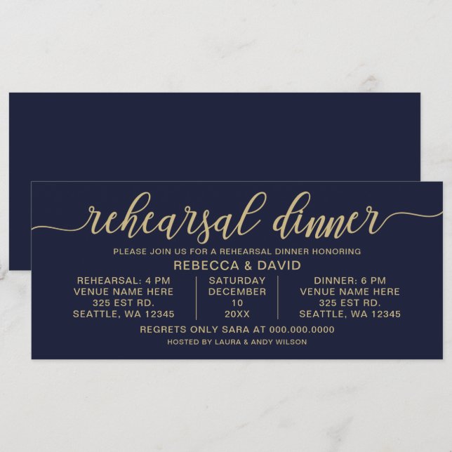 Invitation Dîner de répétition Marine et Gold Calligraphy (Devant / Derrière)