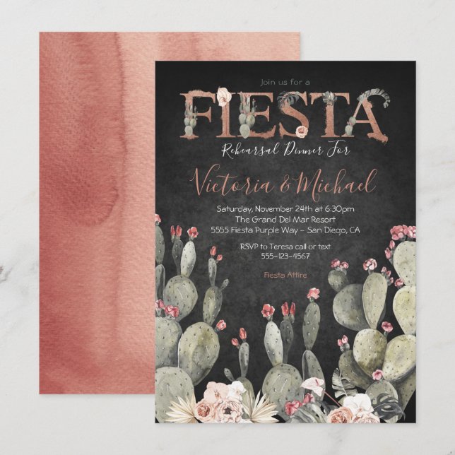 Invitation Dîner de répétition mexicaine Cactus Floral (Devant / Derrière)
