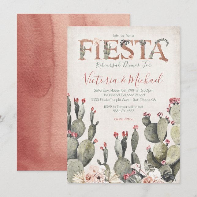 Invitation Dîner de répétition mexicaine Cactus Floral (Devant / Derrière)