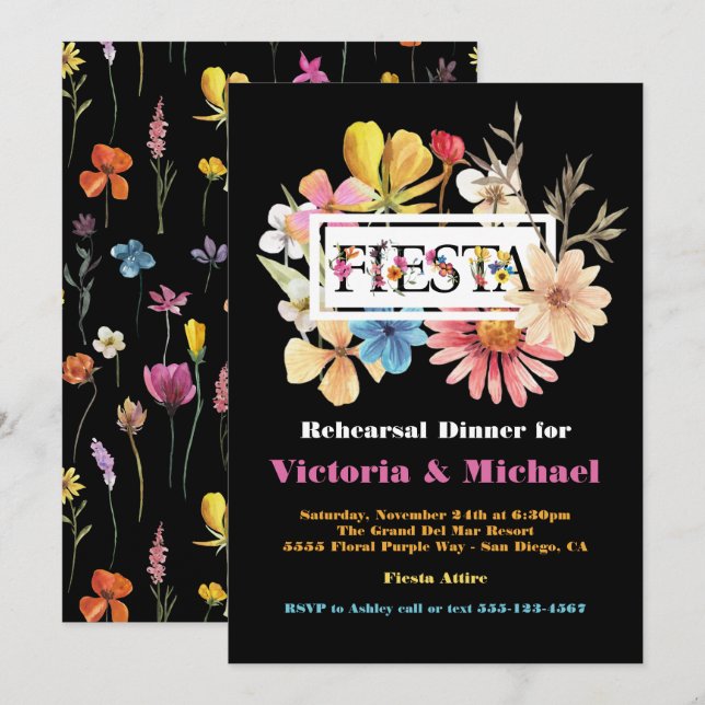 Invitation Dîner de répétition mexicaine Fleurs pressées (Devant / Derrière)