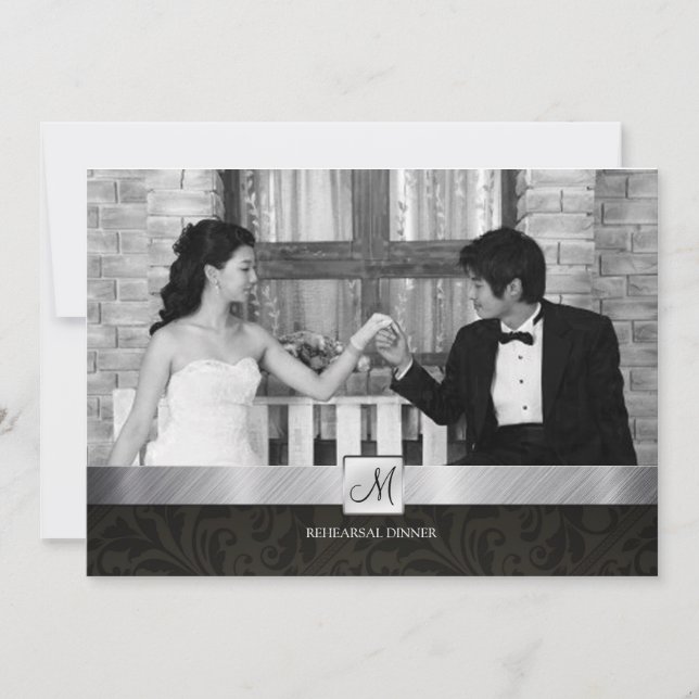 Invitation Dîner de répétition moderne en noir Damas et argen (Devant)