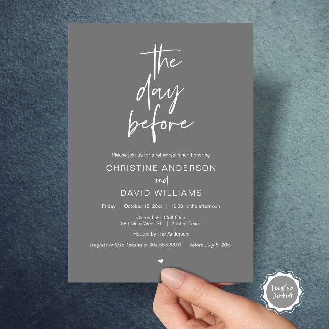 Invitation Dîner de répétition moderne, la veille (The day before, Wedding Rehearsal Lunch Invitation Card, Modern Minimalist Script, Dark Grey)