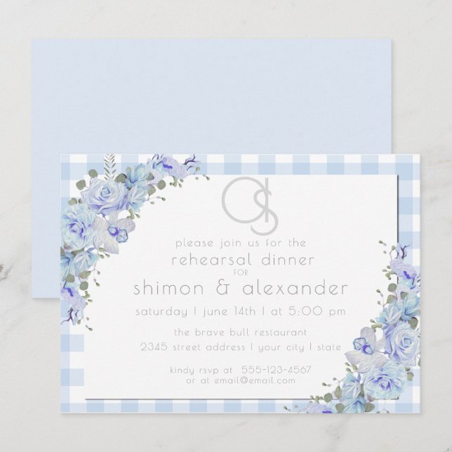 Invitation Dîner de répétition | Monogramme bleu En vichy flo (Devant / Derrière)