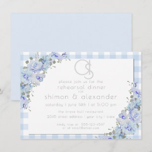 Invitation Dîner de répétition   Monogramme bleu En vichy flo