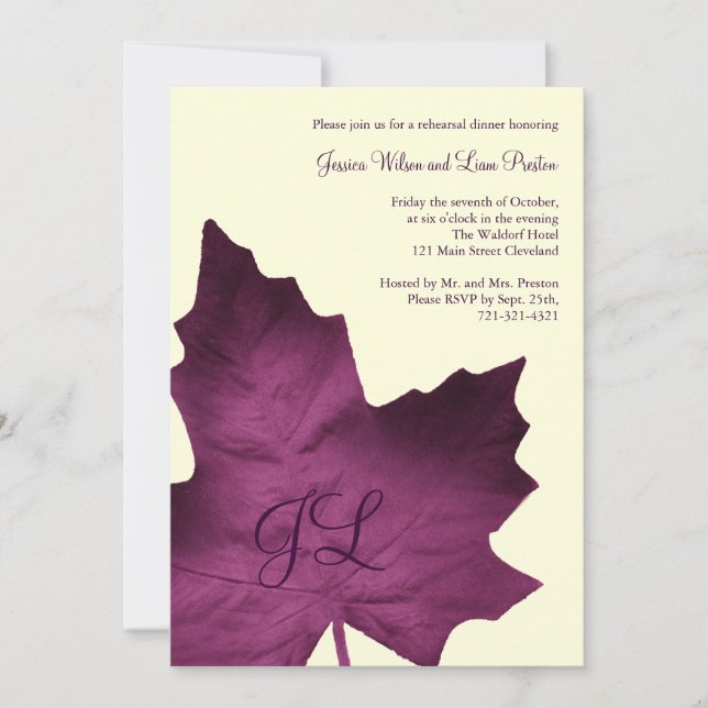 Invitation Dîner de répétition monogramme d'automne Invitatio (Devant)