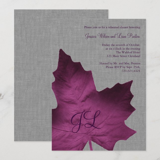 Invitation Dîner de répétition monogramme de lin violet Invit (Devant / Derrière)