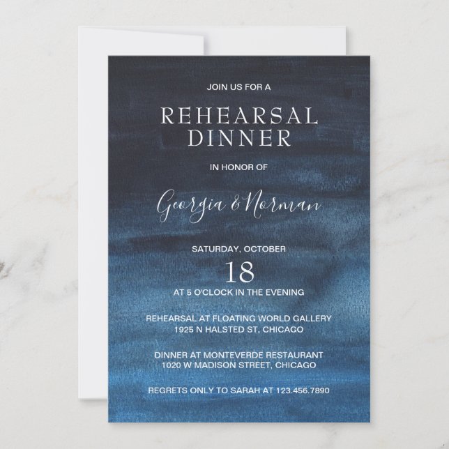 Invitation Dîner de répétition Moody Dark Navy Blue Watercolo (Devant)
