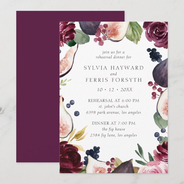 Invitation Dîner de répétition Moody Plum Floral et Fig (Devant / Derrière)
