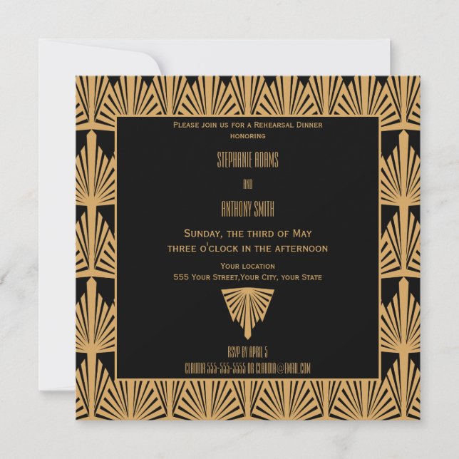 Invitation Dîner de répétition Motif Gold et Black Art Déco (Devant)