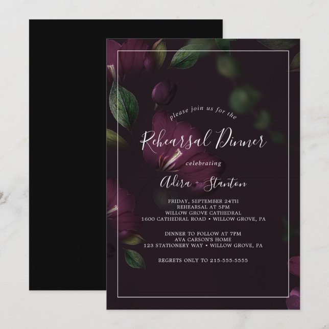 Invitation Dîner de répétition Motif Moody Purple Blooms (Devant / Derrière)