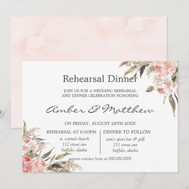 Invitation Dîner de répétition Neutral Boho Pink Peony Pampas (Devant / Derrière)