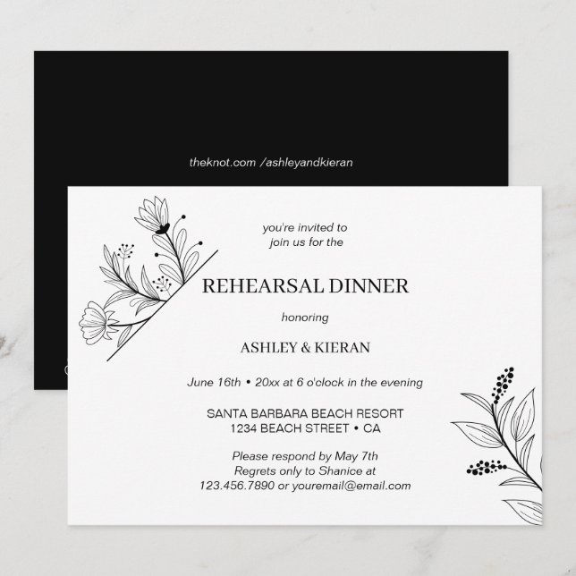 Invitation Dîner de répétition noir et blanc floral élégant (Devant / Derrière)