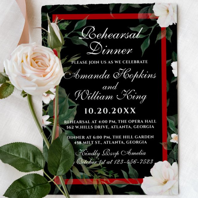 Invitation Dîner de répétition noir et rouge élégant floral (Créateur téléchargé)