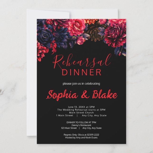 Invitation Dîner de répétition noir et rouge gothique floral  (Devant)