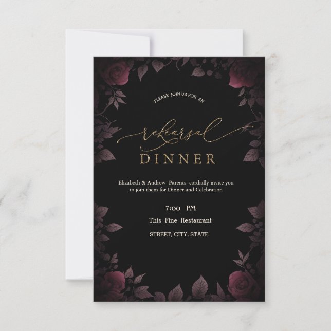 Invitation Dîner de répétition noire Rose de Bourgogne foncée (Devant)