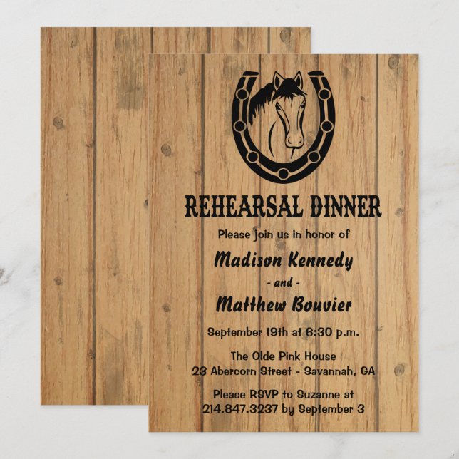 Invitation Dîner de répétition occidentale Cheval Wood Mariag (Devant / Derrière)