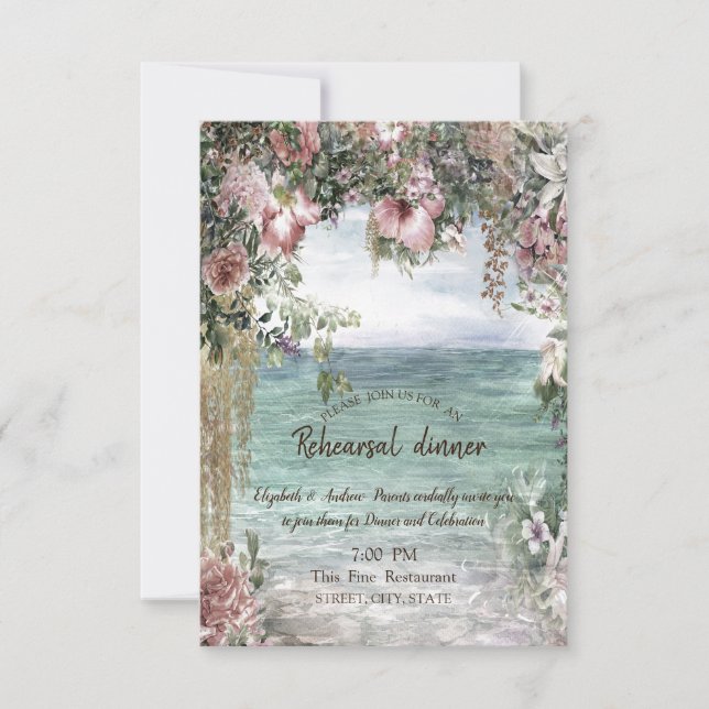 Invitation Dîner de répétition Océan Fleurs Chic (Devant)