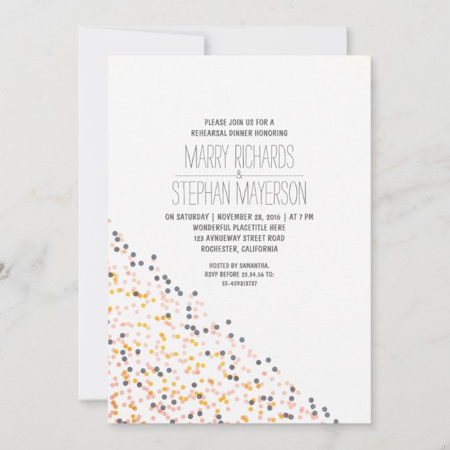 Invitation dîner de répétition or rose et marine confetti (Devant)
