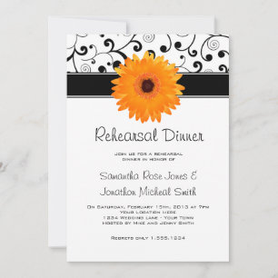 Invitation Dîner de répétition Orange Gerbera Daisy Black Scr