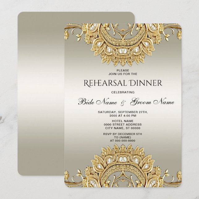 Invitation Dîner de répétition Ornate Or (Devant / Derrière)