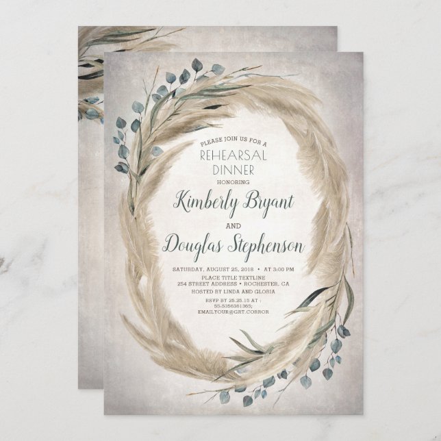 Invitation Dîner de répétition Pampas Grass and Greenery Boho (Devant / Derrière)