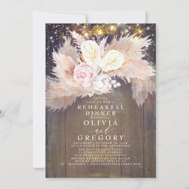 Invitation Dîner de répétition Pampas Grass Rose Floral Rusti (Devant)