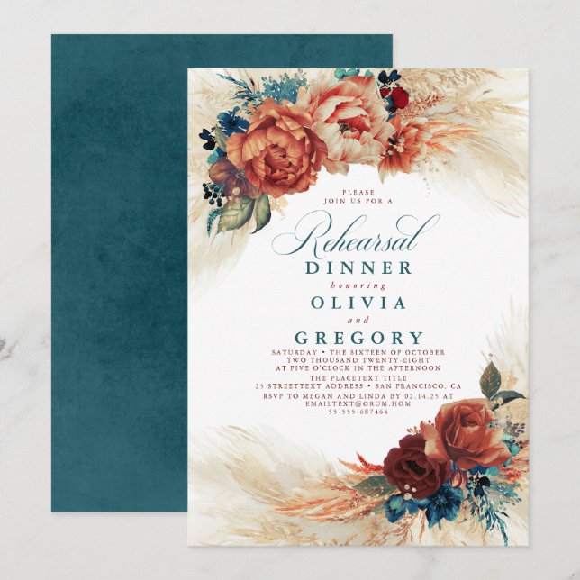 Invitation Dîner de répétition Pampas Grass Turquoise Blue Te (Devant / Derrière)