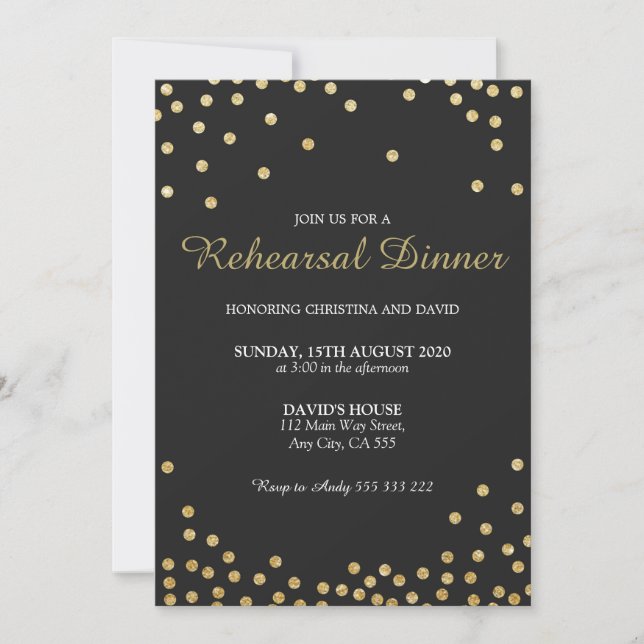 Invitation Dîner de répétition Parties scintillant d'or Confe (Devant)