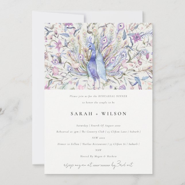 Invitation Dîner de répétition Pastel Classy Aquarelle Peacoc (Devant)