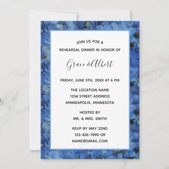 Invitation Dîner de répétition Periwinkle Blue Hydrangeas (Devant)