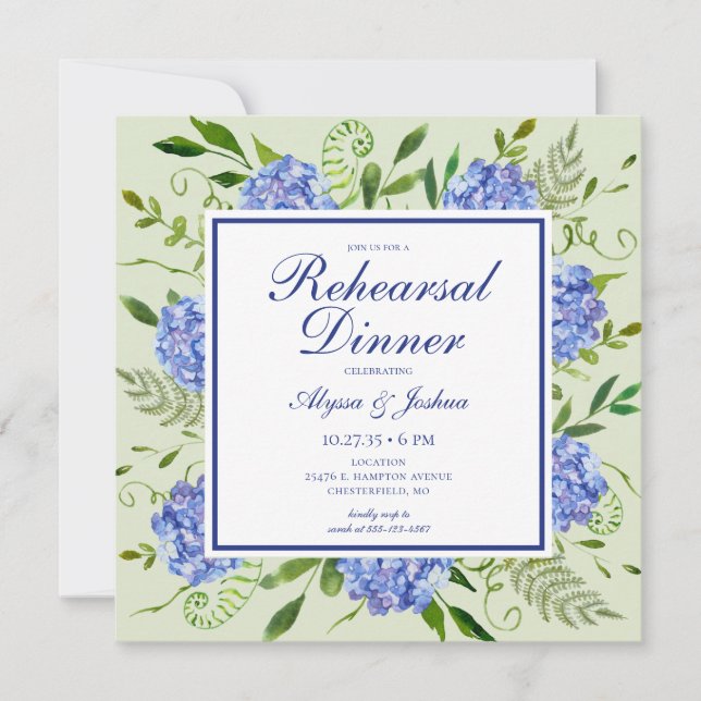 Invitation Dîner de répétition photo Blue Hydrangea (Devant)