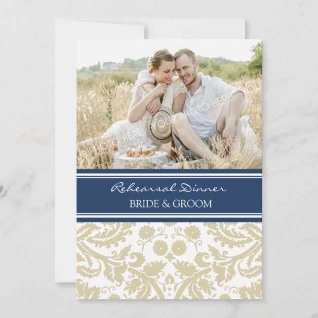 Invitation Dîner de répétition photo Blue Tan Damask (Devant)