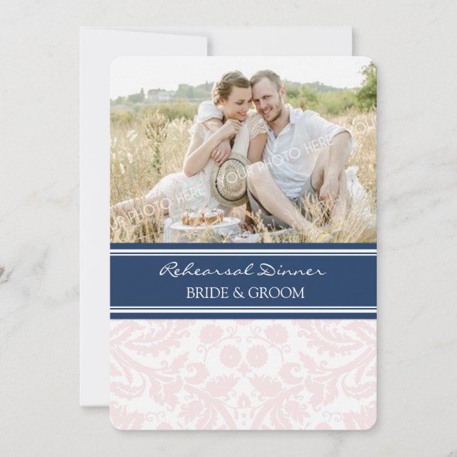 Invitation Dîner de répétition photo Blush Blue Damask (Devant)