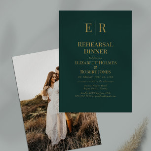 Invitation Dîner de répétition photo de monogramme vert émera